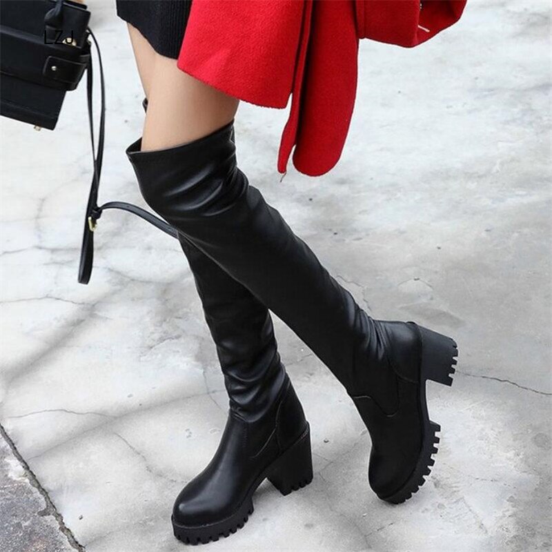 LZJ , zapatos negros para Mujer, Botas Largas, botas altas hasta el muslo, Botines de tacón alto para Mujer, Bota femenina, Botines Martin, botas para Mujer