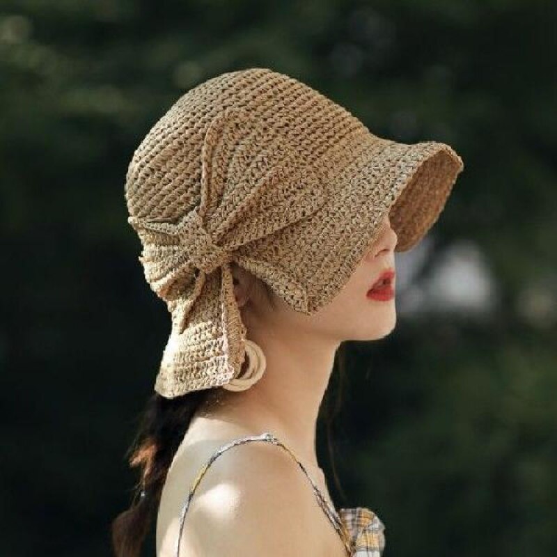Handgemaakte 100% Raffia Boog Zonnehoed Brede Rand Floppy Zomer Hoeden Voor Vrouwen Beach Panama Stro Koepel Emmer Hoed femme Schaduw Hoed: khaki