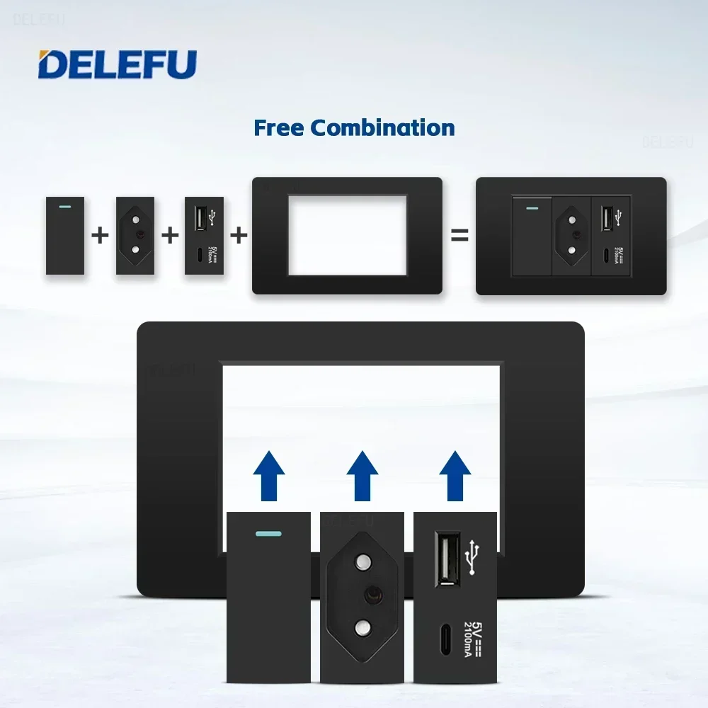 DELEFU Panel de PC ignífugo doble USB tipo C carga Brasil salida estándar interruptor de luz de pared negro enchufe eléctrico 10A 20A