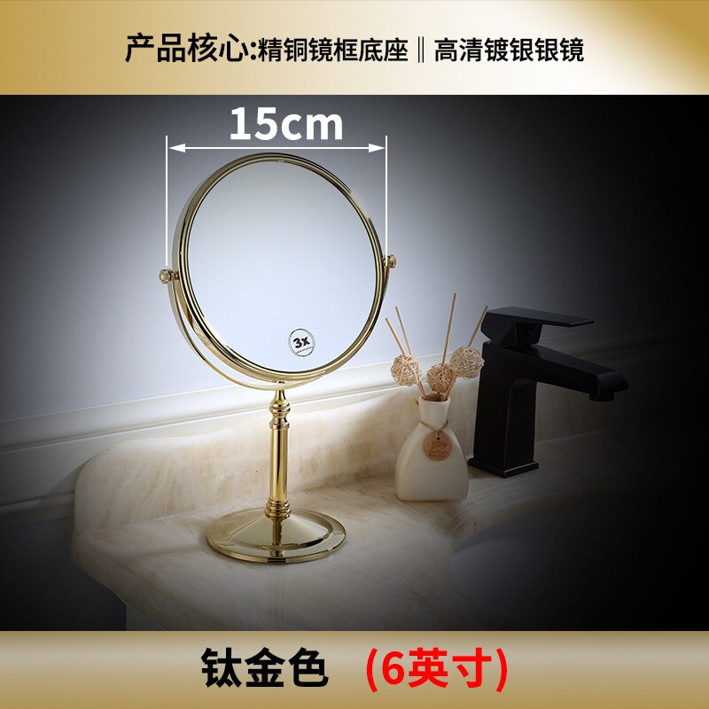 Kosmetiske bordspejle rundt skrivebord revolverende messing guld makeup spejl stativ til makeup forstørrelse 3x ovalt dobbeltsidet spejl: Guld 6 tommer