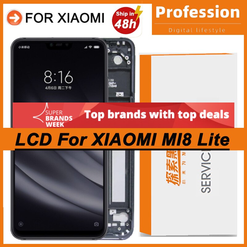 100% Original 6.26&#39;&#39; IPS Display with frame for Xiaomi Mi 8 Lite LCD Touch Screen Mi8 Lite Repair Parts + Service Pack