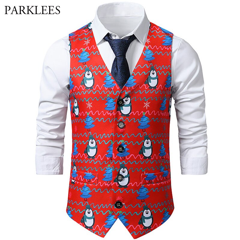 Red Christmas Vest Men Brand 3D Print Mens Xmas Waistcoat Casual Party Cosplay Tuxedo Gilet Homme Chaleco Hombre