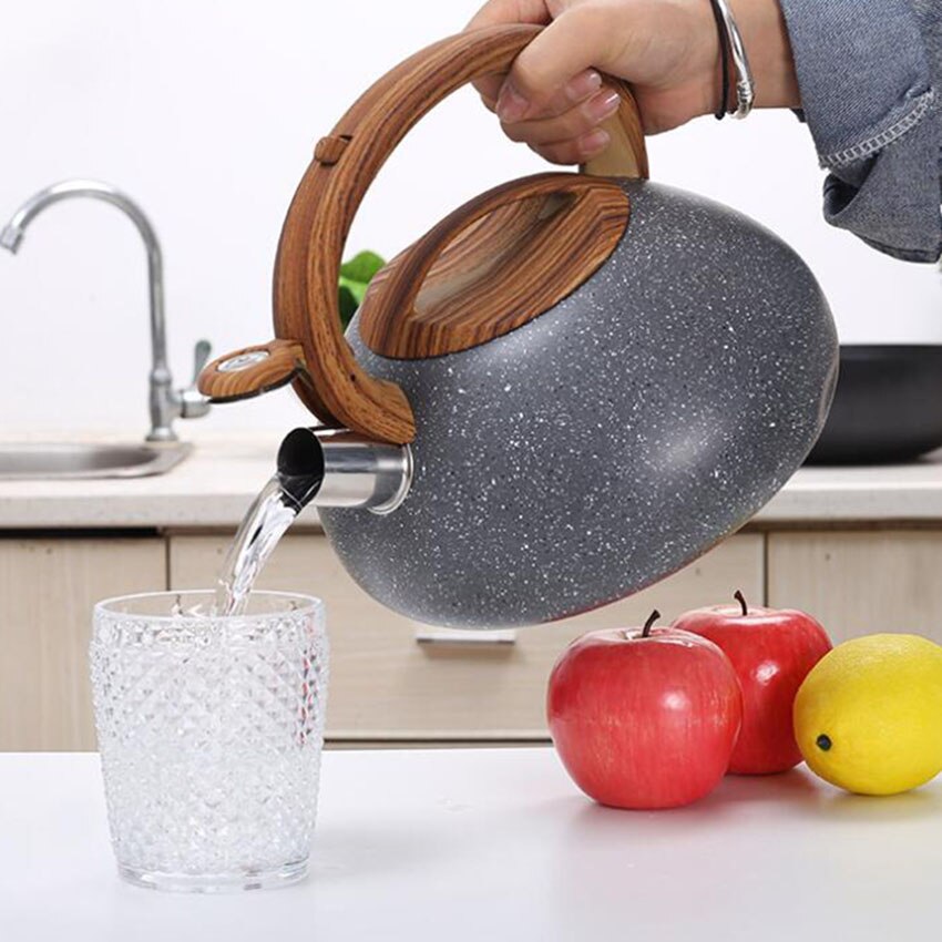 1Pc 3L Stainless Steel Water Kettle Antique Wood Pattern Nylon Handle Whistling Kettle Kitchen Flat Bottom Boiling Tea Kettles