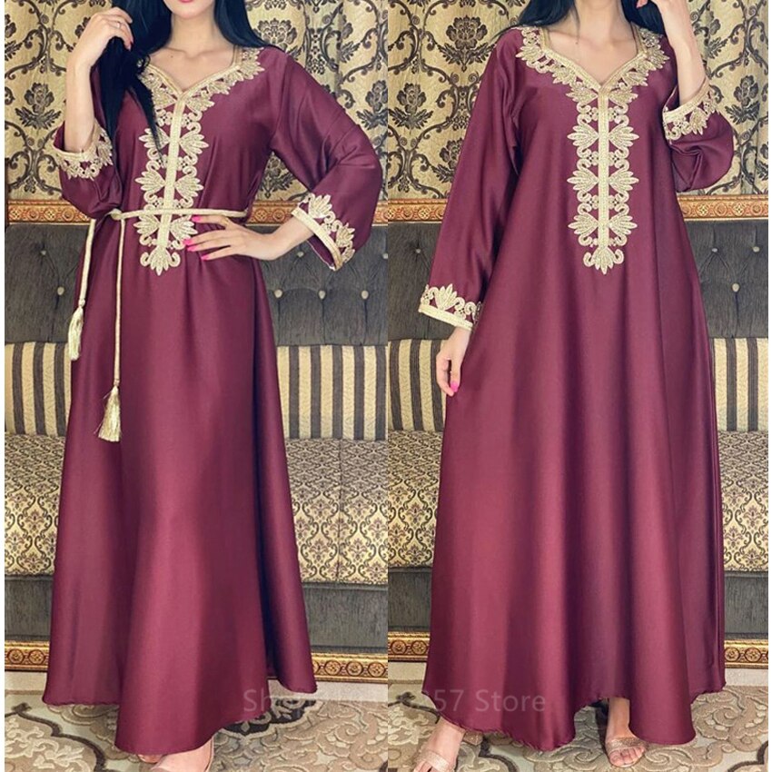 Eid mubarak moslim abaya vrouwen jurk dubai kaftan turkije islamitische kleding gouden borduurwerk kant kwast riem set