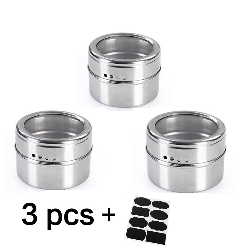 Magnetic Spice Jar Set With Stickers Stainless Seasoning Sprays Tools seasoning bottle Steel Spice Storage Tins Container Pepper: 3 pcs set