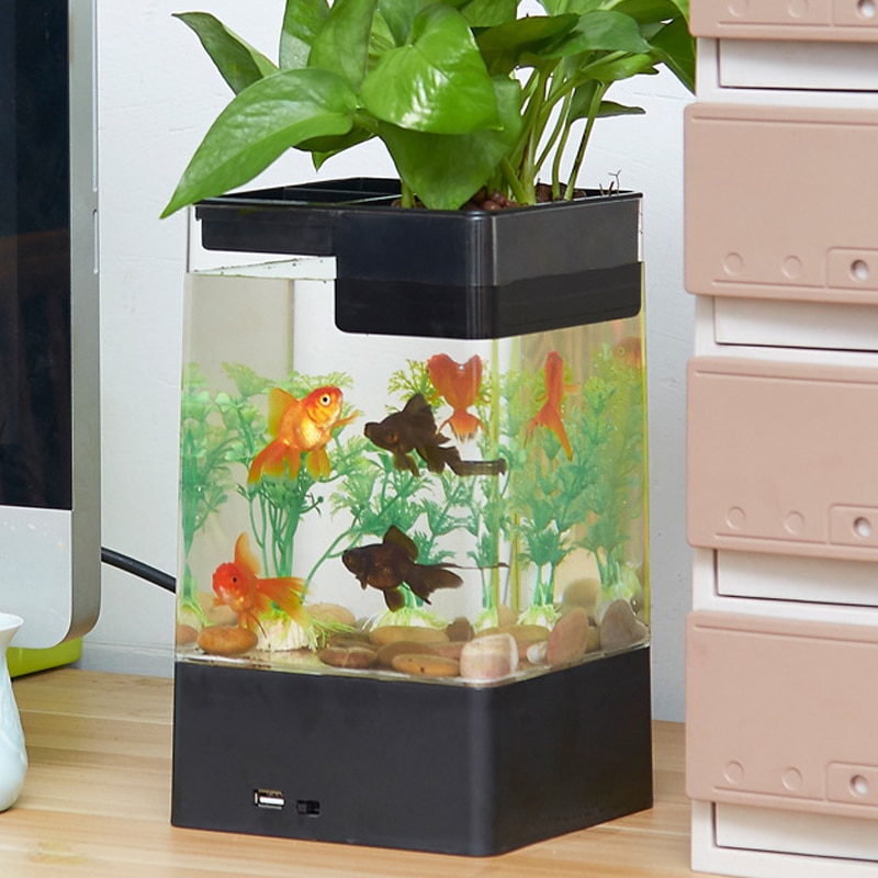 Mini acuario de plástico acrílico USB, pecera con LED portátil Betta, pecera, suministros para mascotas acuáticas para decoración de interiores y oficina