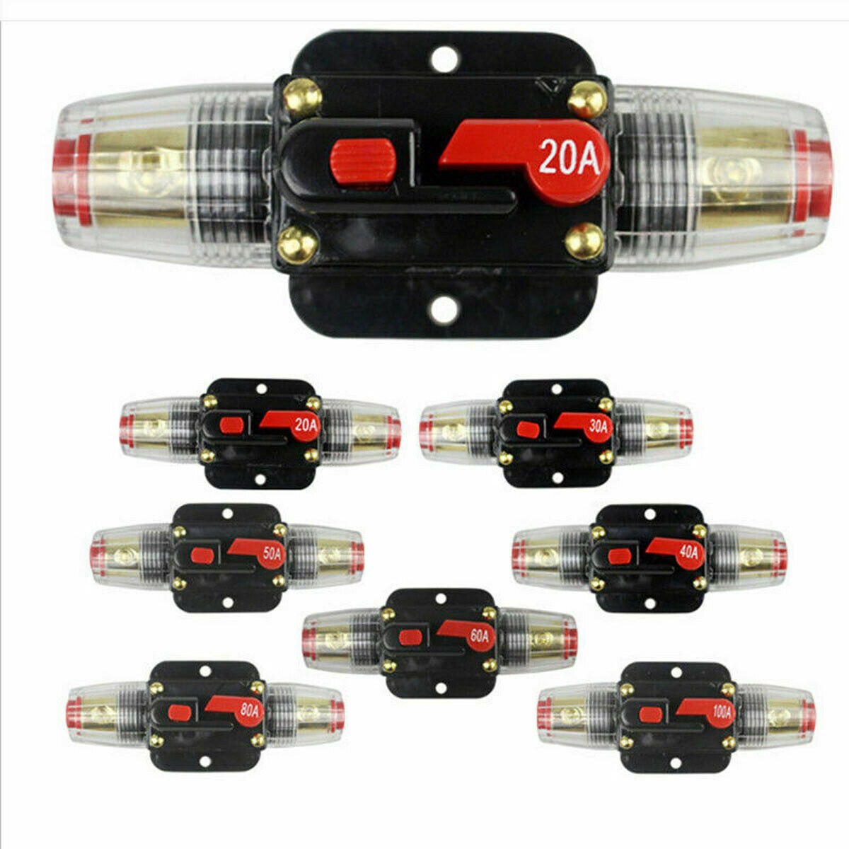 Disyuntor amplificador de Audio para camión y coche, soporte de fusibles, estéreo, Rearmable, Fusible 20A/30A/40A/50A/60A/80A/100A, DC 12V-24V