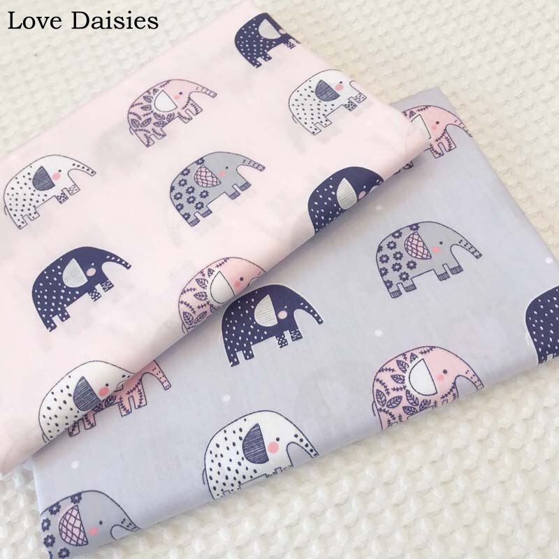 Tela de sarga de algodón para tejido de elefante pequeño de dibujos animados, gris y rosa, para ropa de cama de cuna, cojín, Sábana, decoración de trabajo manual