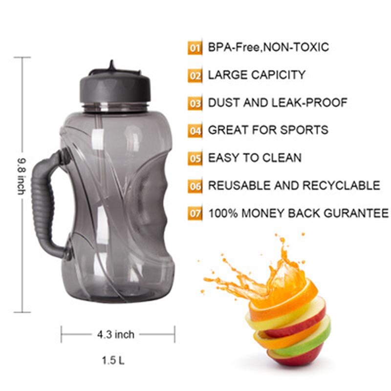 Recién 1.5L taza de agua de gran capacidad de botella para deporte al exterior botella de agua con pajita con mango