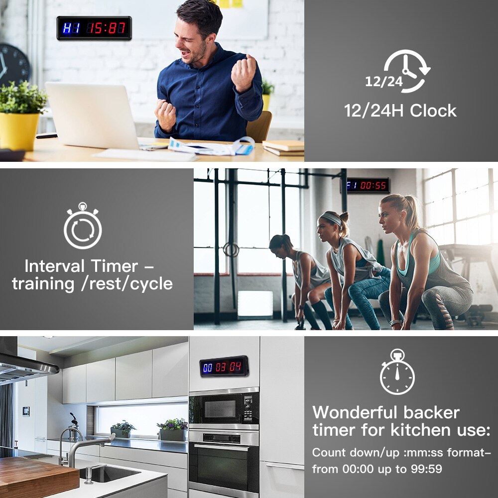 1.5 Inch 6 Digit LED Timer Boxing GYM Crossfit tabata EMOM Interval Programmable Countdown/UP Stopwath Real Time Clock