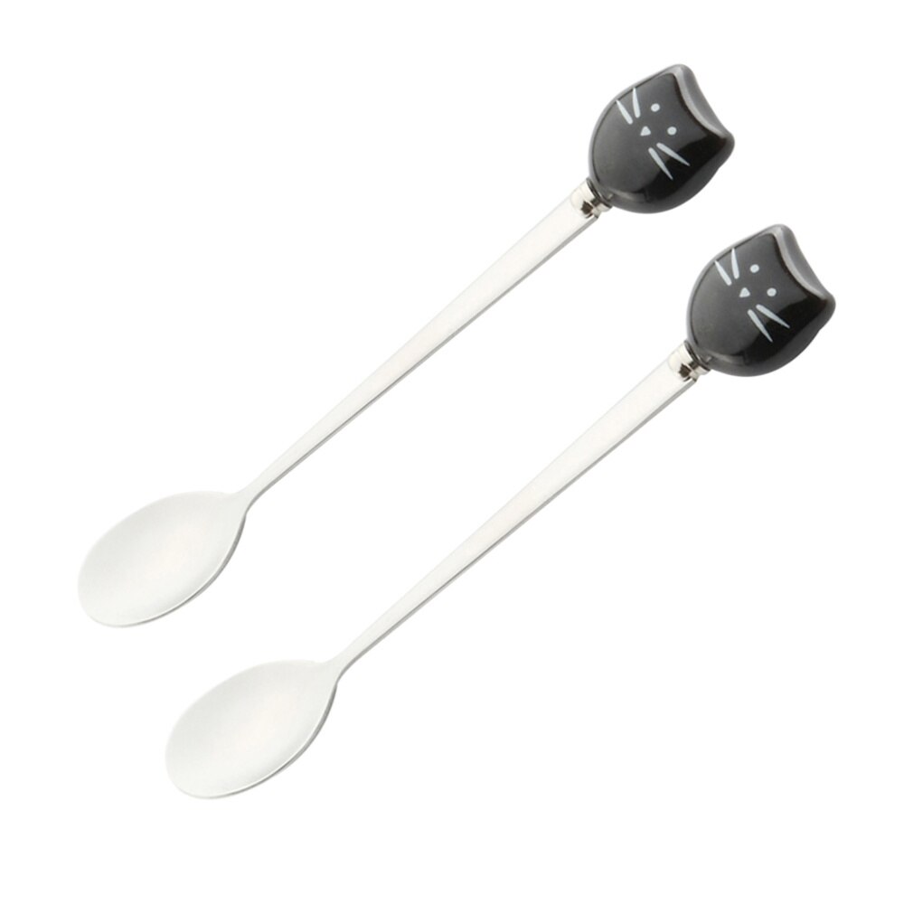 1 Pc Ceramic and Stainless Steel Small Spoons Cartoon Kitty Coffee Tea Stirring Spoon (Black Kitty): Black 1