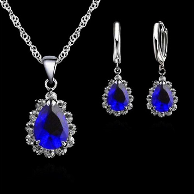 925 Sterling Silver Earrings Necklace Sets Pink/Blue/Gray/Red/Green/Purple Drops Water The Crystal For Women Wedding: Dark Blue