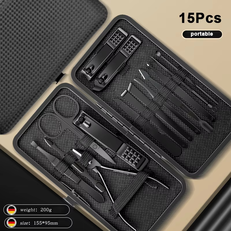 8/12/15/20/24pcs black Nail clipper set Pedicure knife Stainless steel Nail beauty tool Nail Care Trimmer Portable travel box: black