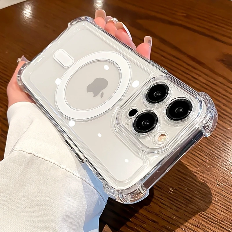 For Magsafe Transparent Case For iPhone 17 16 15 14 13 12 11 Pro Max Plus Magnetic Wireless Charge Shockproof Soft Bumper Cover: Plastic