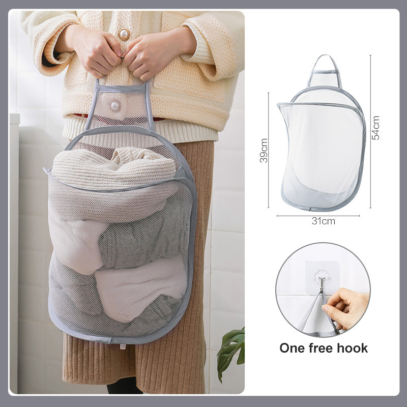 Folding Net Dirty Clothes Hamper Bathroom Self Adhesive Storage Basket Fine Grained Laundry Bag With Drawstring Laundry Storage: grey storage basket