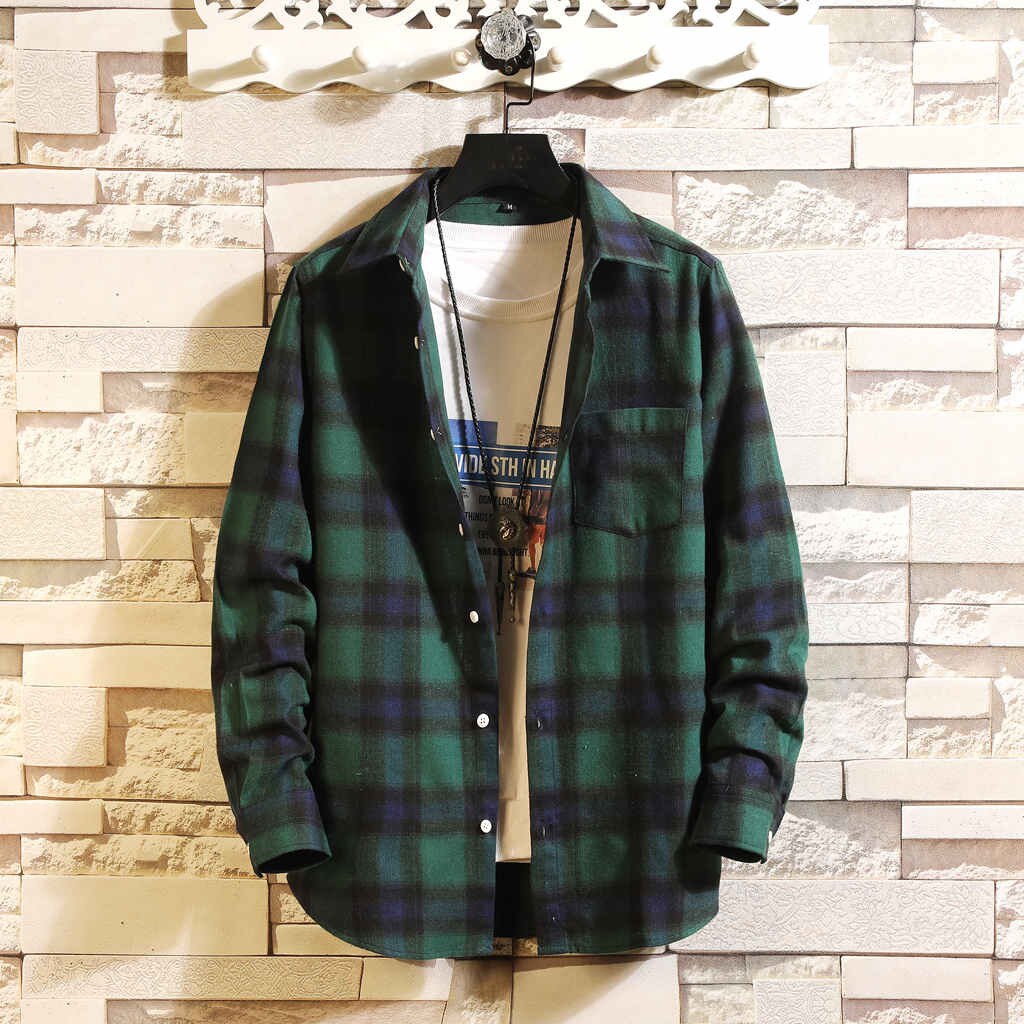 Green Plaid Print Men Shirt Classic Turn-Down Collar Chemise Homme Long Sleeve Casual Mens Shirts Slim Button Streetwear