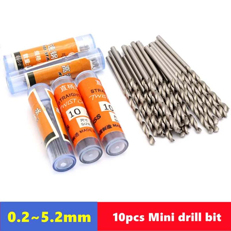 10 Uds W6542 HSS mini broca de vástago recto 0,2-5,2mm, adecuada para taladros eléctricos de perforación de acero inoxidable y madera