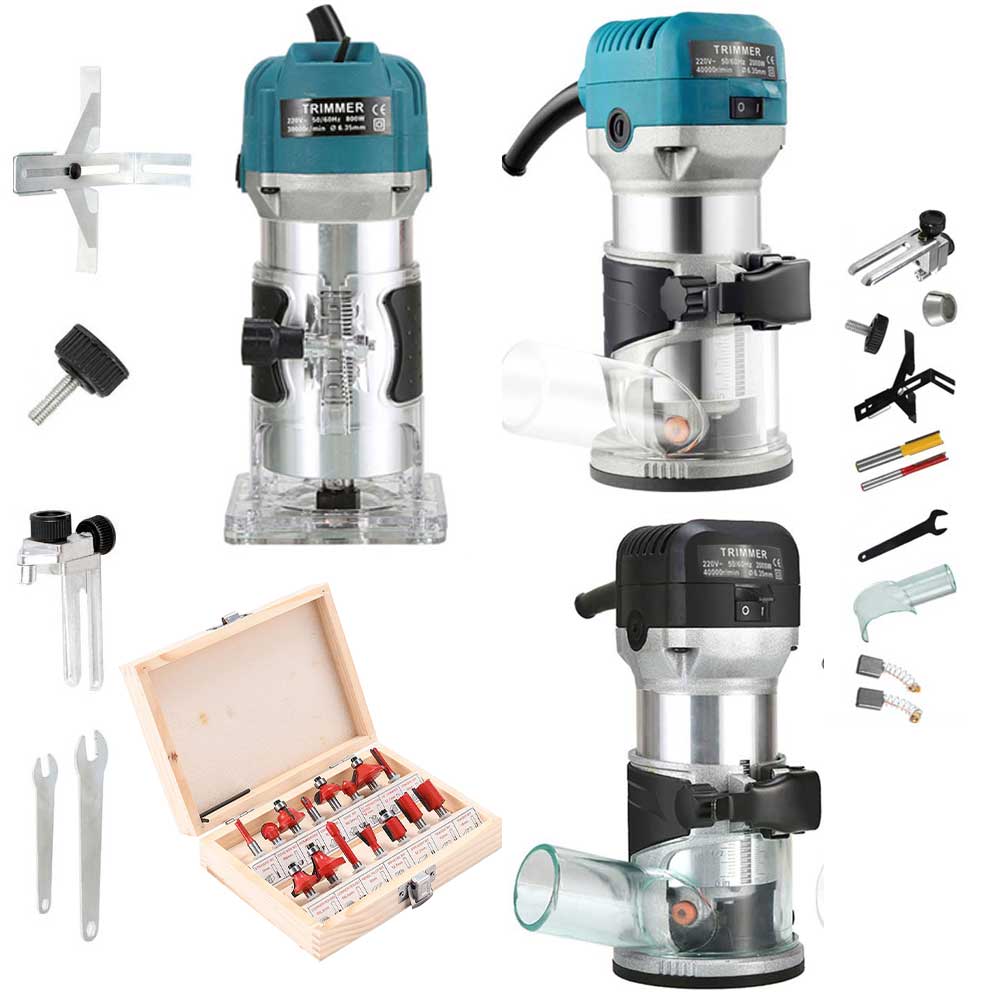 Electric Wood Trimmer Woodworking Machine &amp; 15 PC Wood Milling Cutter for Wood Router Home Diy Milling Machine 6.35 &amp; 8 mm Chuck
