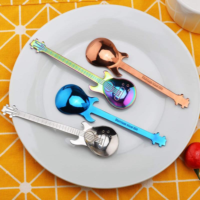 4pcs Stainless Steel Guitar Shaped Love Coffee Spoon Teaspoon Children Spoon Beautiful 7 Colors Coffee Tea Use