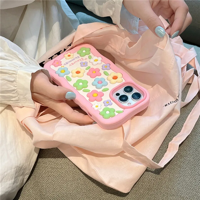 Cute Flower Soft Silicone stereoscopic 3D Case For iPhone15 13 11 12 14 Pro Max Luxury Shockproof Pink Floral Phone Cover