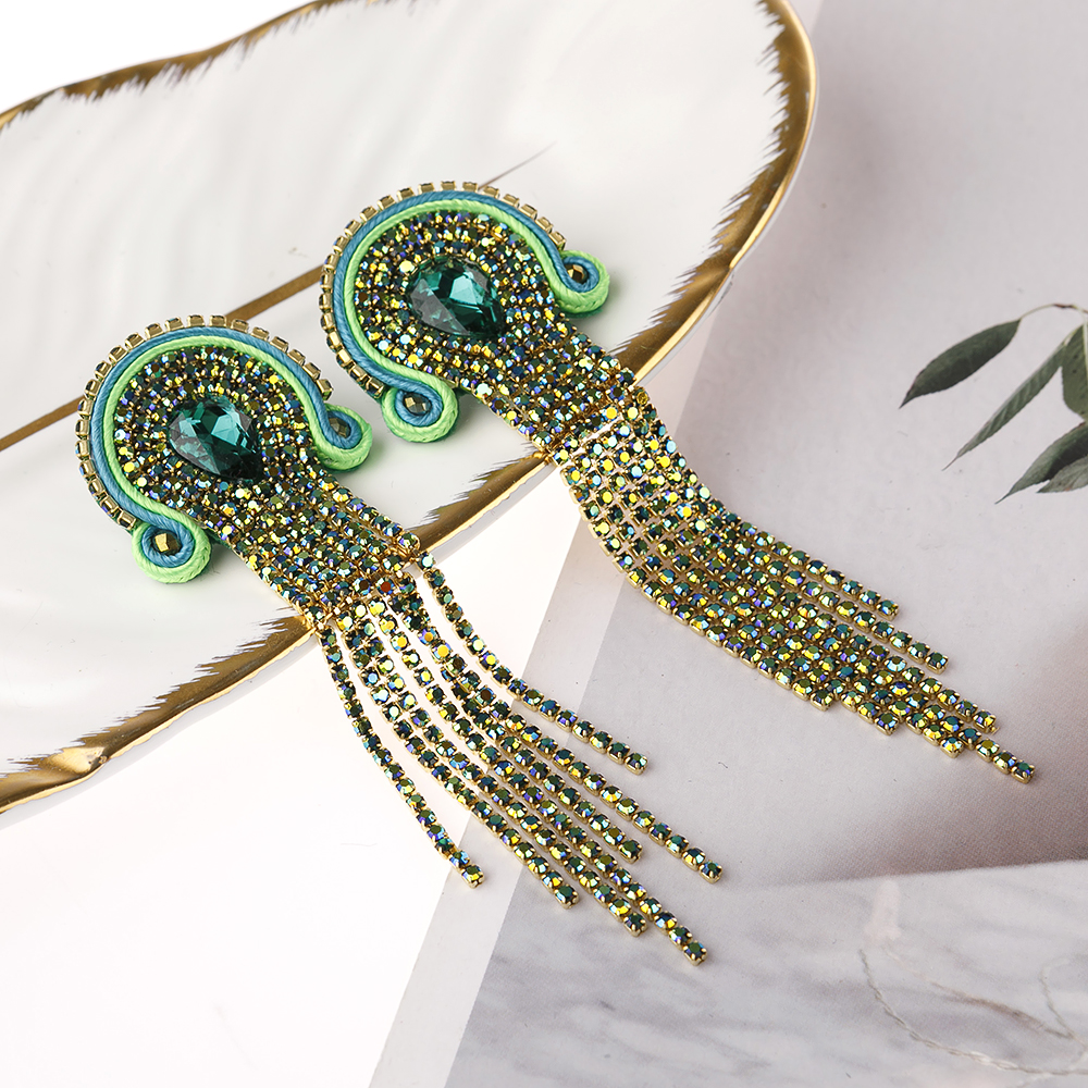 KPacTa Handmade Weaving Soutache Vintage Full Crystal Long Tassel Earrings For Women Temperament Earring Banquet
