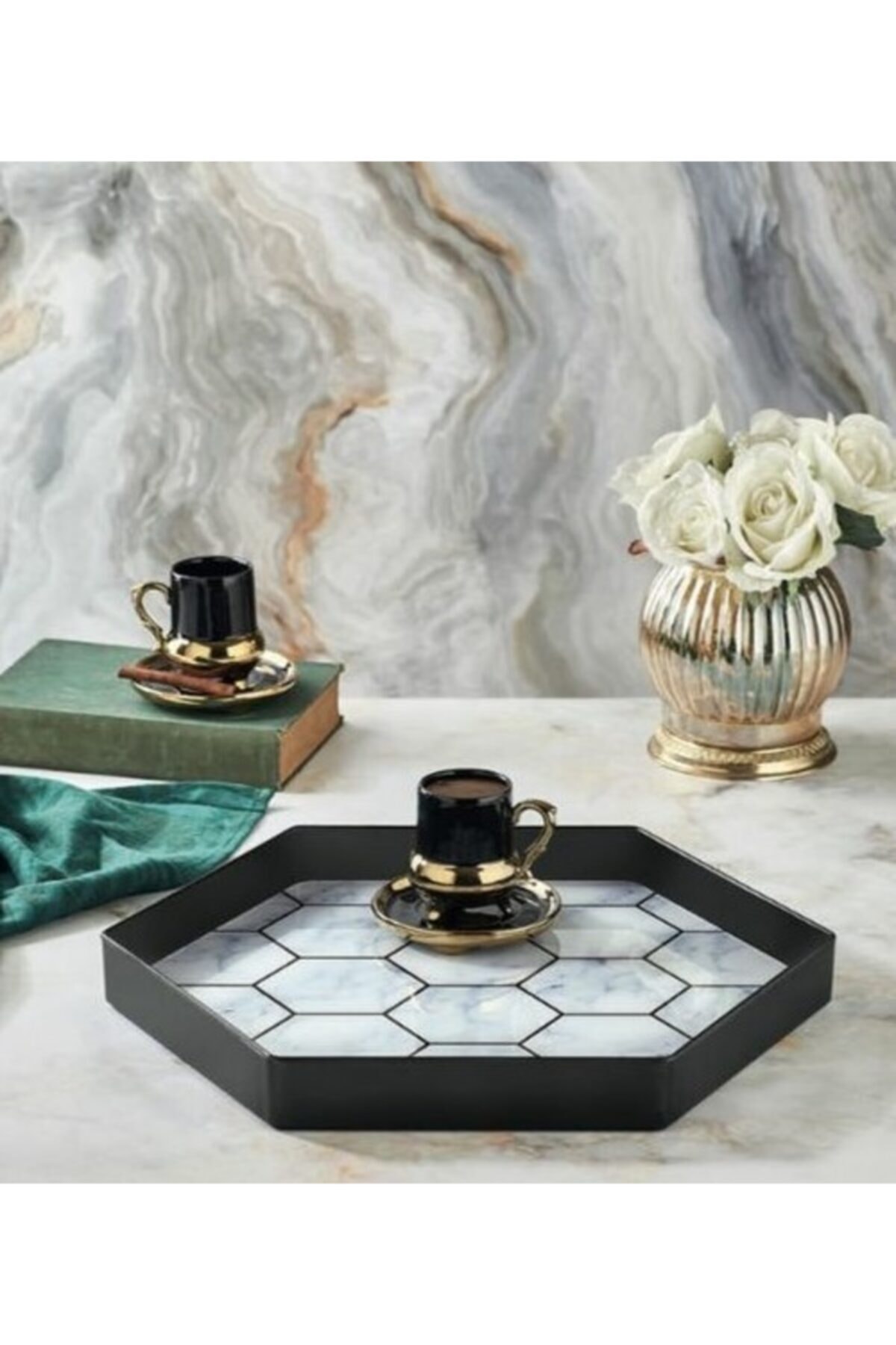 Hexagonal Tray Black Glazed Honeycomb Pattern