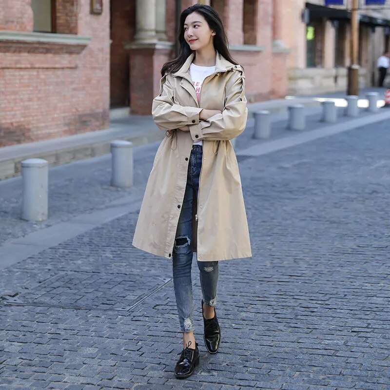 Veste coupe-vent mi-longue pour femme, manteau ample à capuche, vêtement d&#39;extérieur, pardessus décontracté, printemps automne