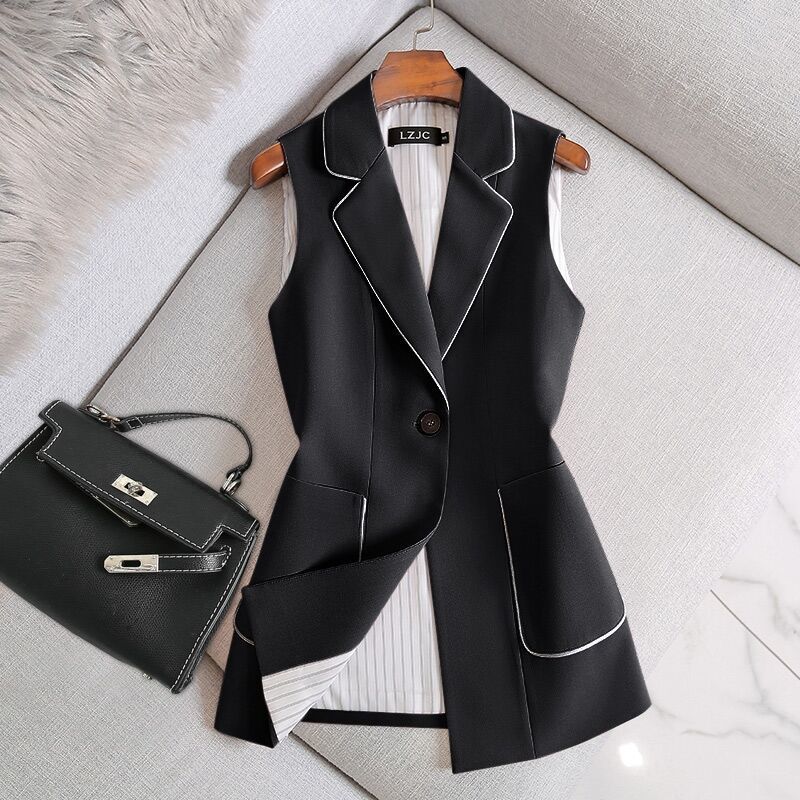2020 primavera autunno donna Vintage Blazer lungo gilet Chic abito senza maniche a un bottone giacca femminile capispalla gilet top: Black / L