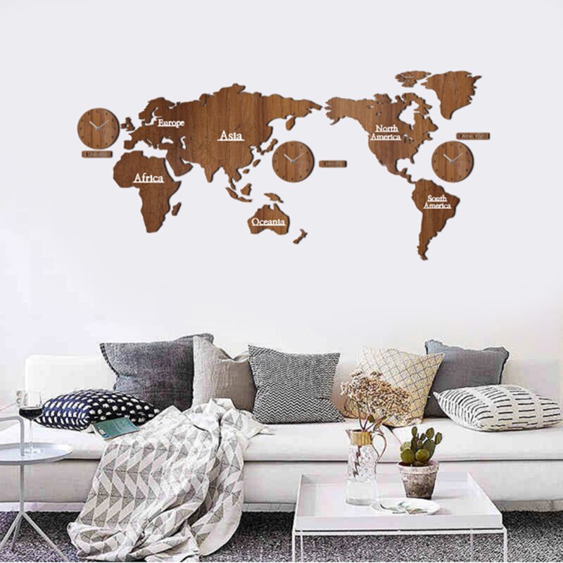 Reloj De pared DIY 3D mapa del mundo grande De madera MDF Reloj De pared Digital Reloj De madera moderno redondo silencioso relojes Relogio De Parede