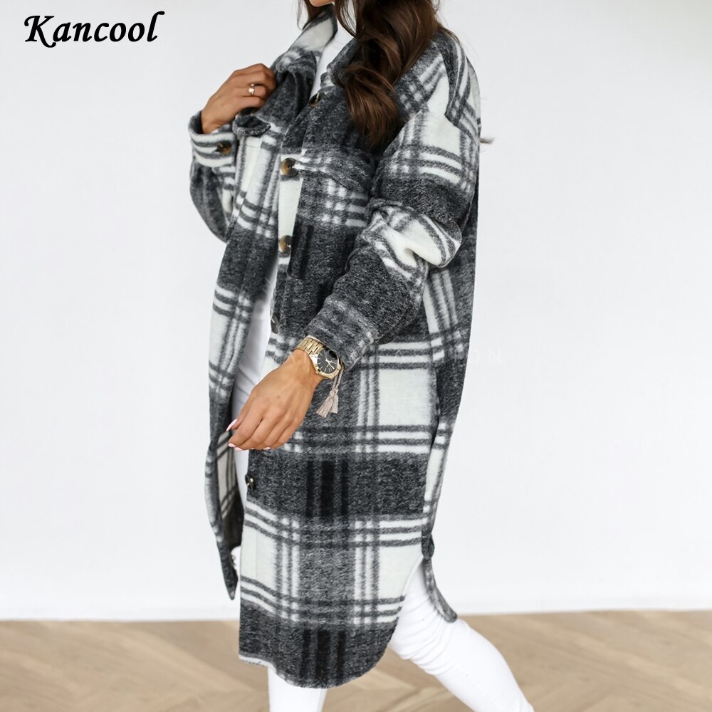 Kancool Gecontroleerd Vrouwen Jas Down Overjas Warme Plaid Lange Knop Revers Jas Oversized Dikke Wollen Blend Vrouwelijke Streetwear