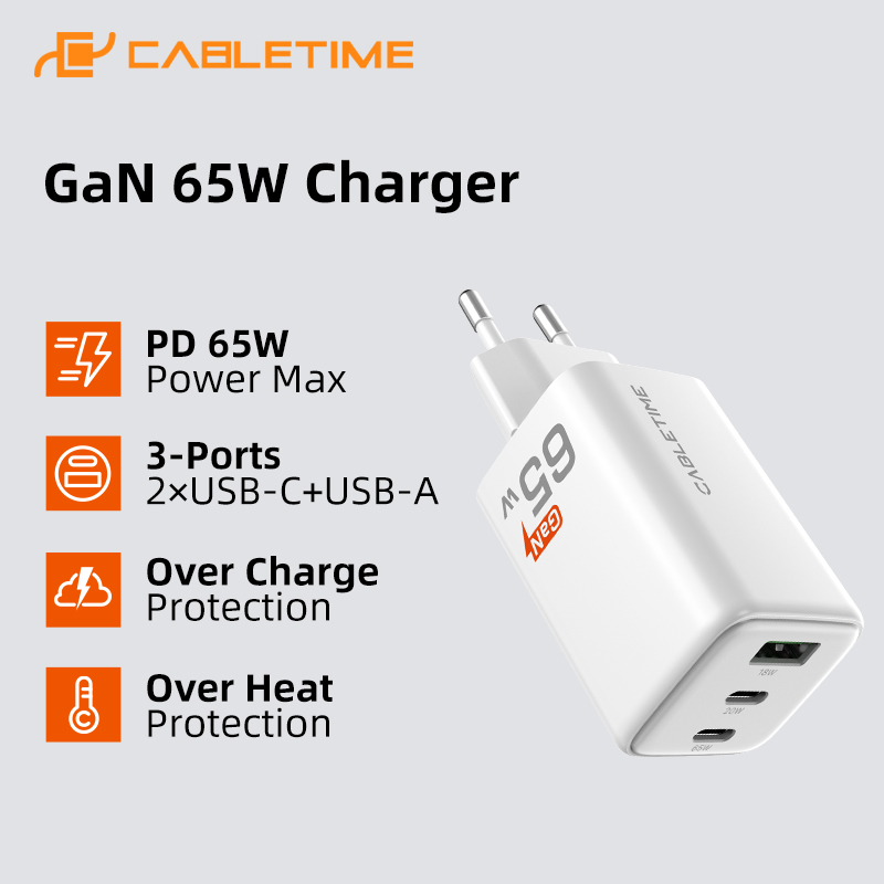 Cabletime pd-oplader gan 65w pd  qc 3.0 snellader type c telefoonoplader usb-c snelladen voor iphone 16 pro macbook laptop