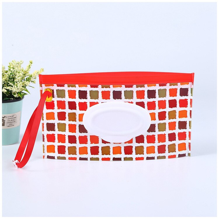 Natte Doekjes Tas Clamshell Cosmetische Pouch Clutch en Schoon dragen Snap-strap Doekjes Container Doekjes Milieuvriendelijke Tissue dozen: red grid