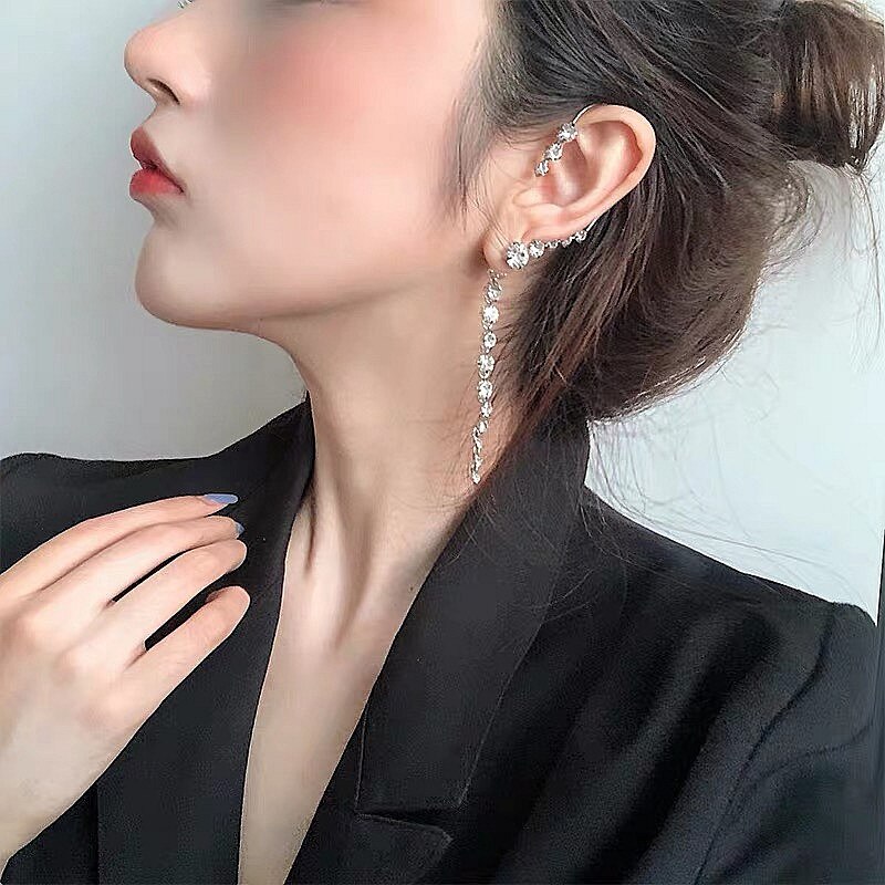 FLASHBUY Single Korean Rhinestone Earrings Shiny Drill Arc Ear Hanging Clip Earrings for Women Minimalist Ear Cuff