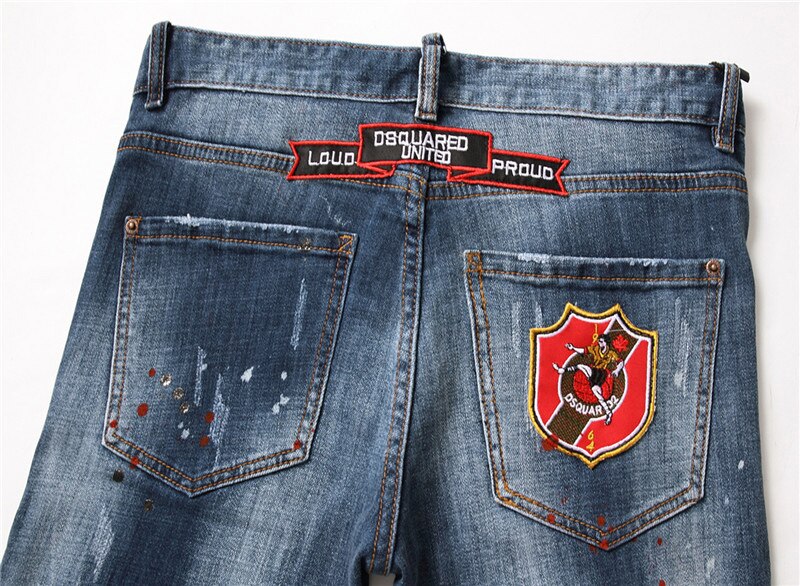 Jeans Heren Bottom Denim Broek Blauw Borduurwerk Label Verf Ripped Gaten Wilde Esdoornblad Icoon Persoonlijkheid