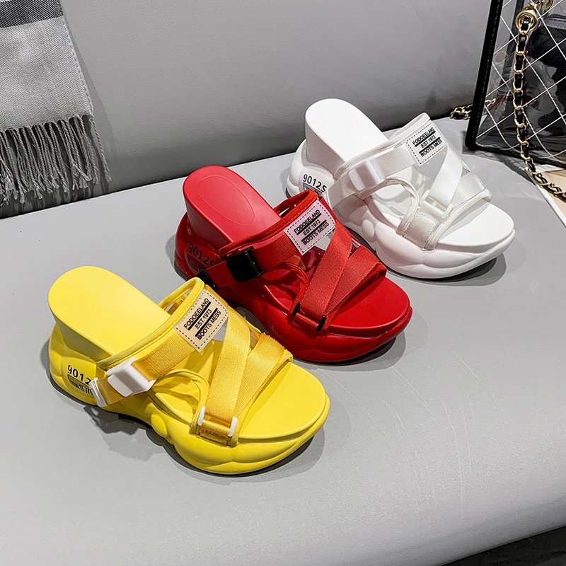 10cm/3.9 inch Height Wedge Slides Thick Bottom Sandals Chunky Shoes For Ladies Summer Outdoor Wear