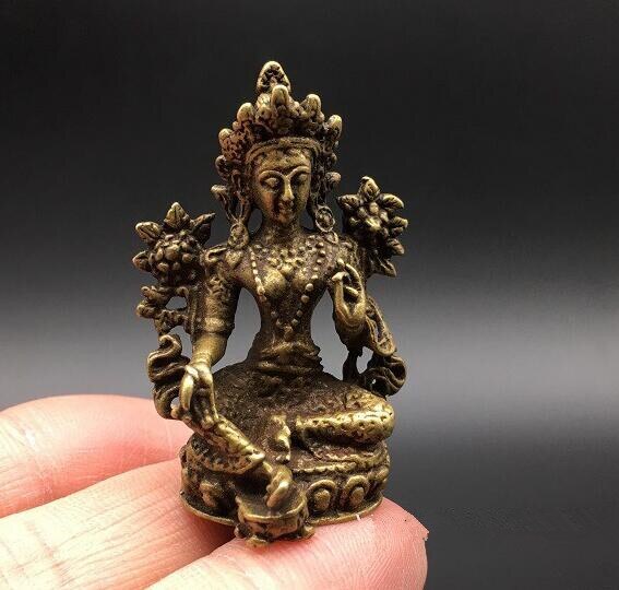 Kinesisk ren messing grøn tara buddha lille statue