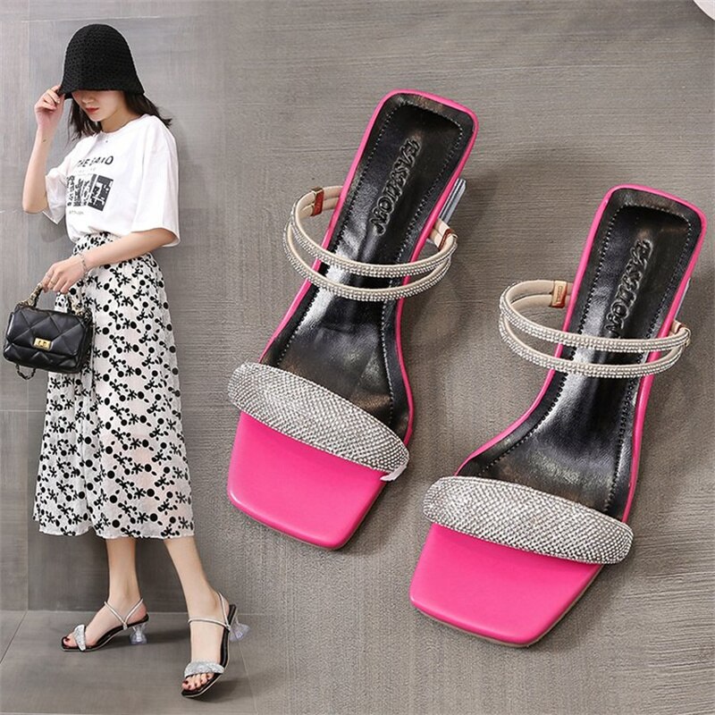 2022 summer rhinestone sandals, medium heels, thick heels, one word with two slippers, fairy high heels women&#39;s shoes: Pink / 39