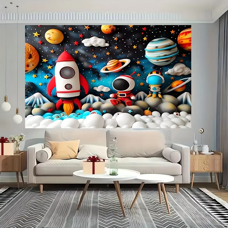 Astronauta dos desenhos animados espaço exterior planeta fundos para fotos crianças festa de aniversário decoração chá de fraldas pano de fundo photobooth adereços