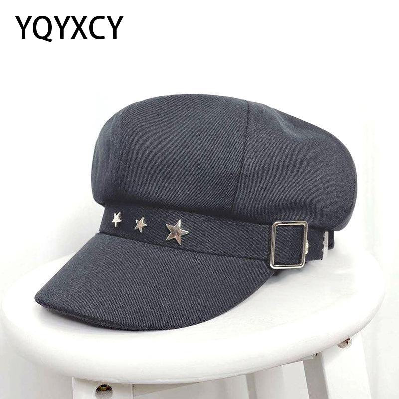 Gorro de otoño invierno boina para mujer Newsboy sombrero con remaches estrella de algodón octogonal sombrero femenino negro blanco coreano Gorras