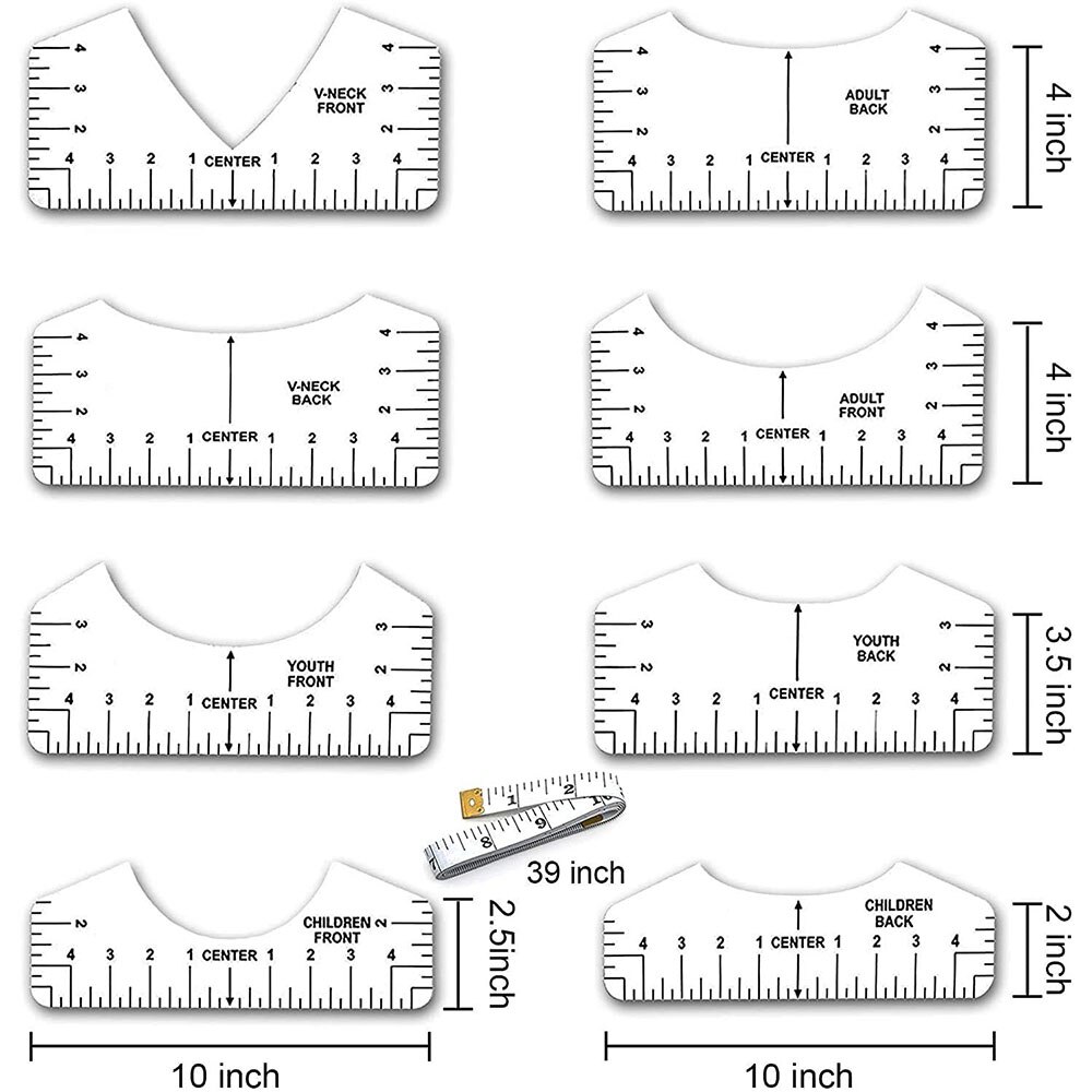 8PCS T-Shirt Ruler Guide Alignment Tool PVC T Shirt Ruler to Center Designs with 1PC 60Inch Tape Measure For Adult Youth Toddler
