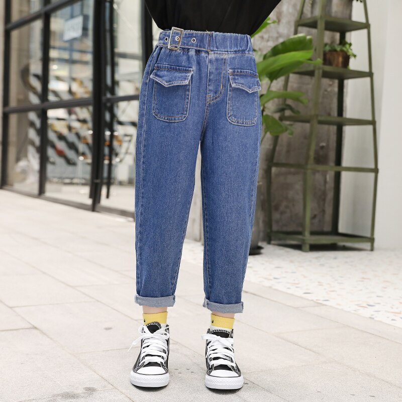 automne bébé filles jean avant patch poche Denim pantalon ceinture décoration enfants pantalons enfants filles jean pantalon décontracté