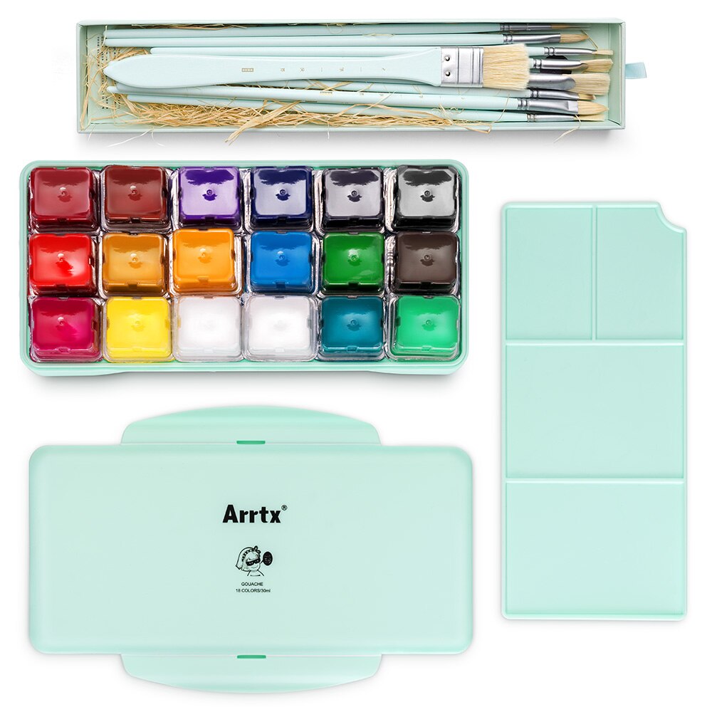 Arrtx 18 Colors Gouache Paints Set 30ml Unique Jelly Cup Gouache Paint For Students Artists Beginner+Brushes