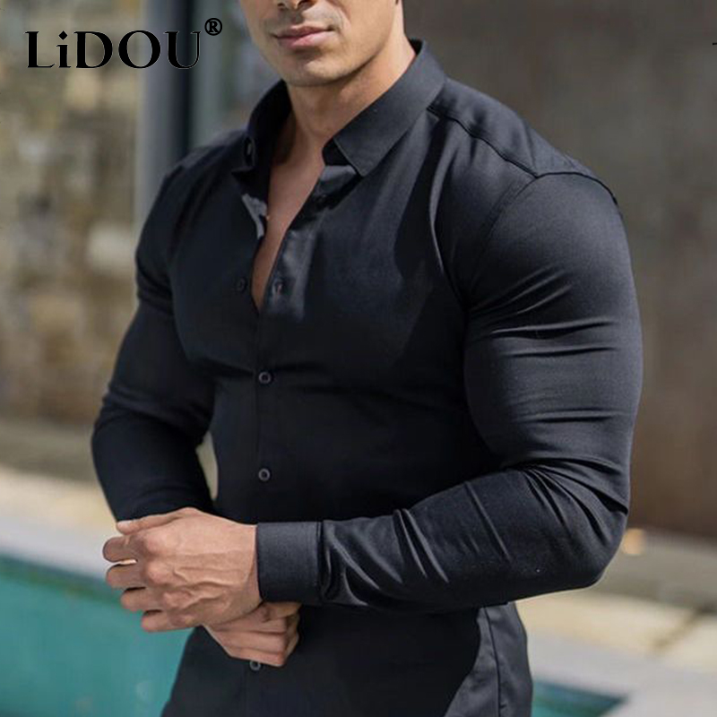 Spring Autumn Super Slim Fit Plain Bussiness Long Sleeve Men's Shirts Anti-wrinkle Muscle Polo Neck Solid Business Blouses Homme: M / black