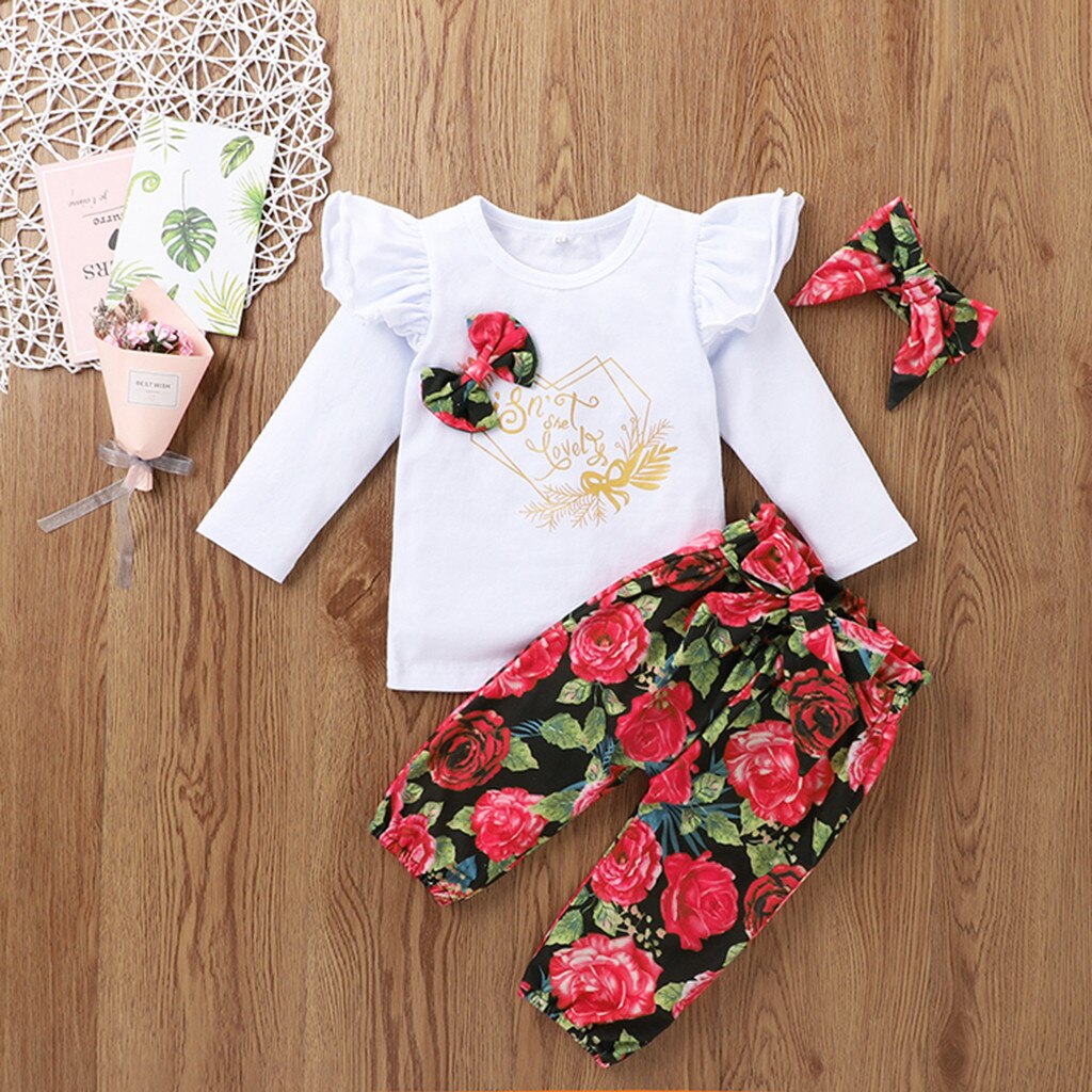 Scherza i vestiti delle ragazze Del Bambino Alfabeto Stampa Magliette E Camicette + Pantaloni Del Fiore + Bowknot Outfits Copre Gli Insiemi Dei Vestiti di trasporto libero ropa de niña # L35