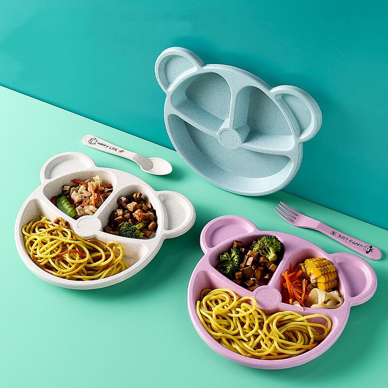Assiette à grille en paille de blé pour enfants, vaisselle de table pour écoliers de maternelle, ensemble de 3 pièces