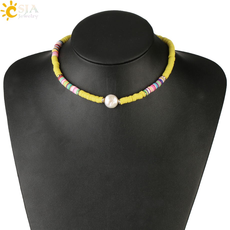 CSJA Böhmischen Perle Halsketten für Frauen Regenbogen Weichen Keramik Reize Boho Halskette Bunte Perle Ethnischen Stil Schmuck S538: E