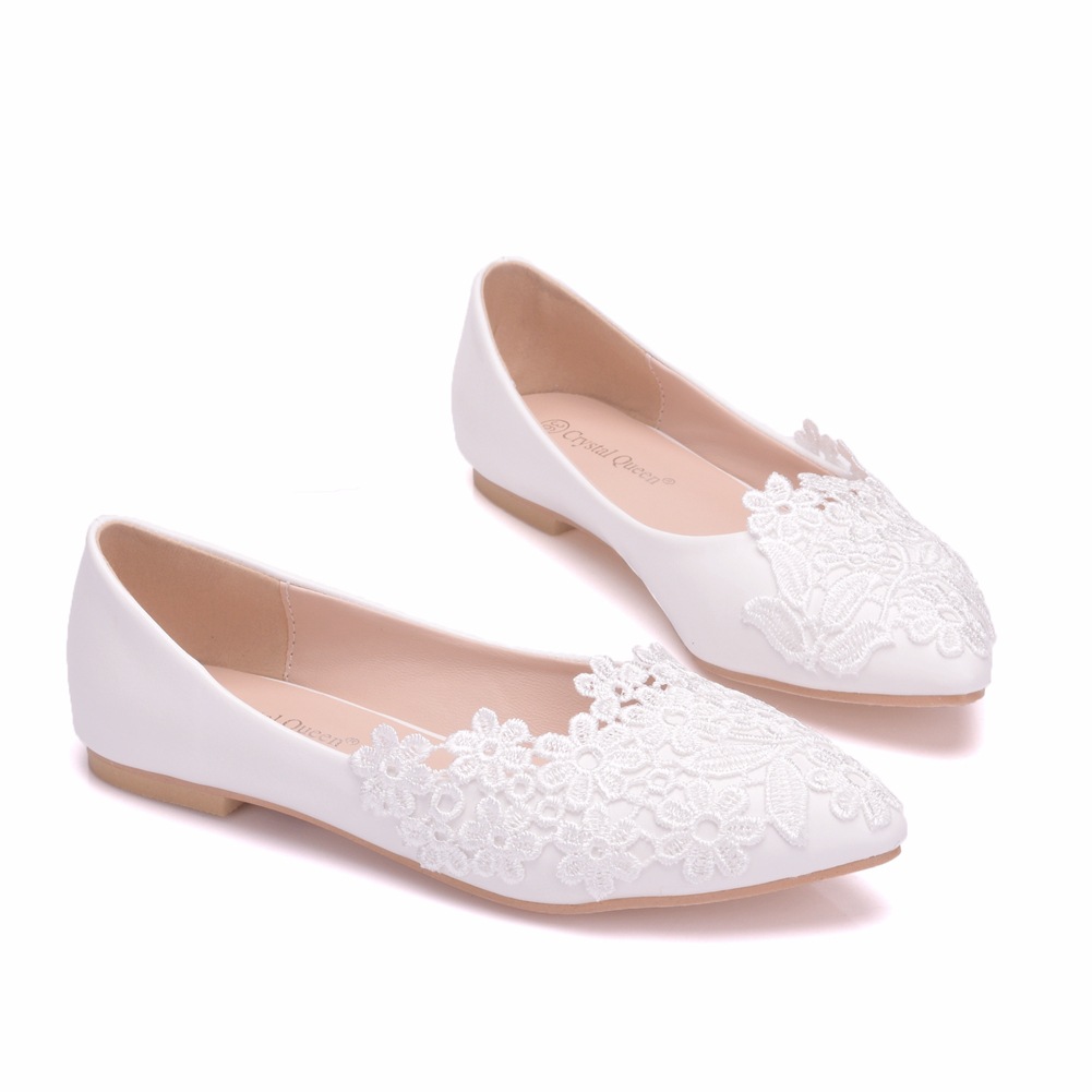 Chaussures de mariage en dentelle blanche, plates à bout pointu, grande taille, à talons bas, pour femmes,
