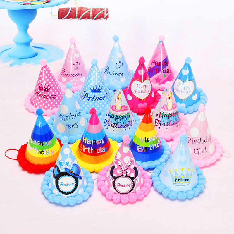 Plush ball cap baby birthday party decor cute crown headdress paper hat DIY conical hat children birthday party dress up supplie