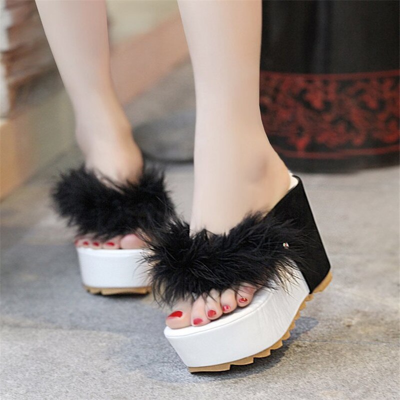 Rhinestone Sandals Thick Heel With Feather High Heel Wedge Wedge Platform Wedge Shoes Women Slippers Sandals