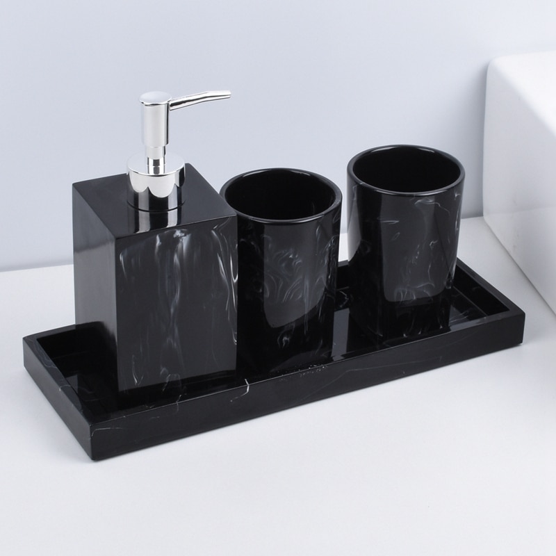 Marmor tekstur badeværelse leverer sort 4 stk harpiks badeværelse tilbehør med dispenser tandbørste holder sæbedispenser